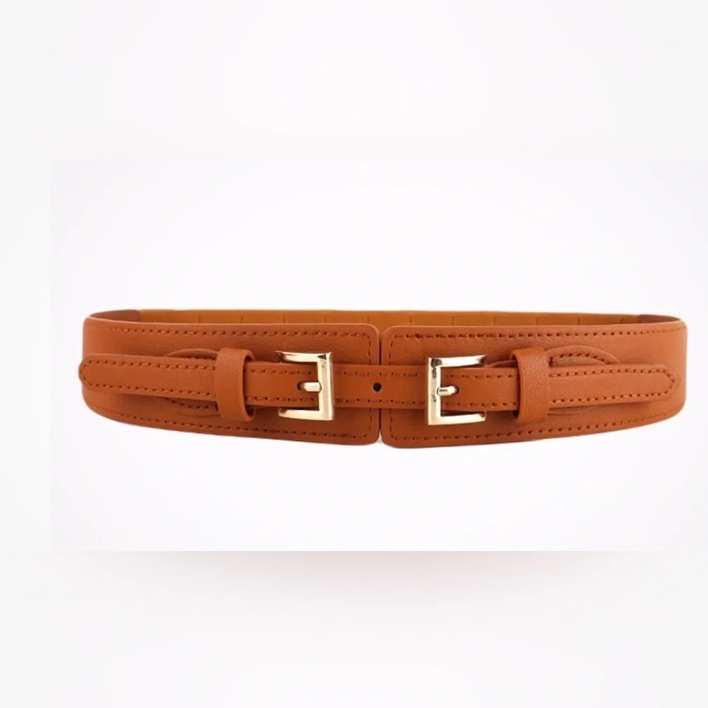 Boho Double Buckle‎ Stretch Waist Belt Faux Leather